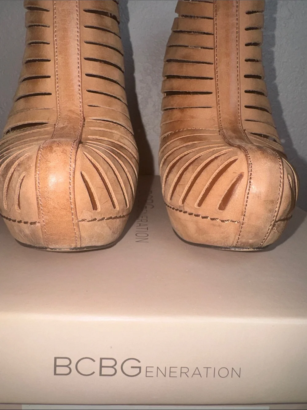 BCBGeneration Tan Cutout Stiletto Ankle Booties